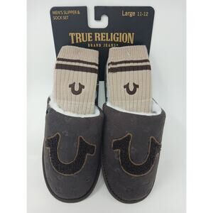 True Religion Slipper & Sock Set Brown Faux Fur Lined Logo Men Sz Large 11-12